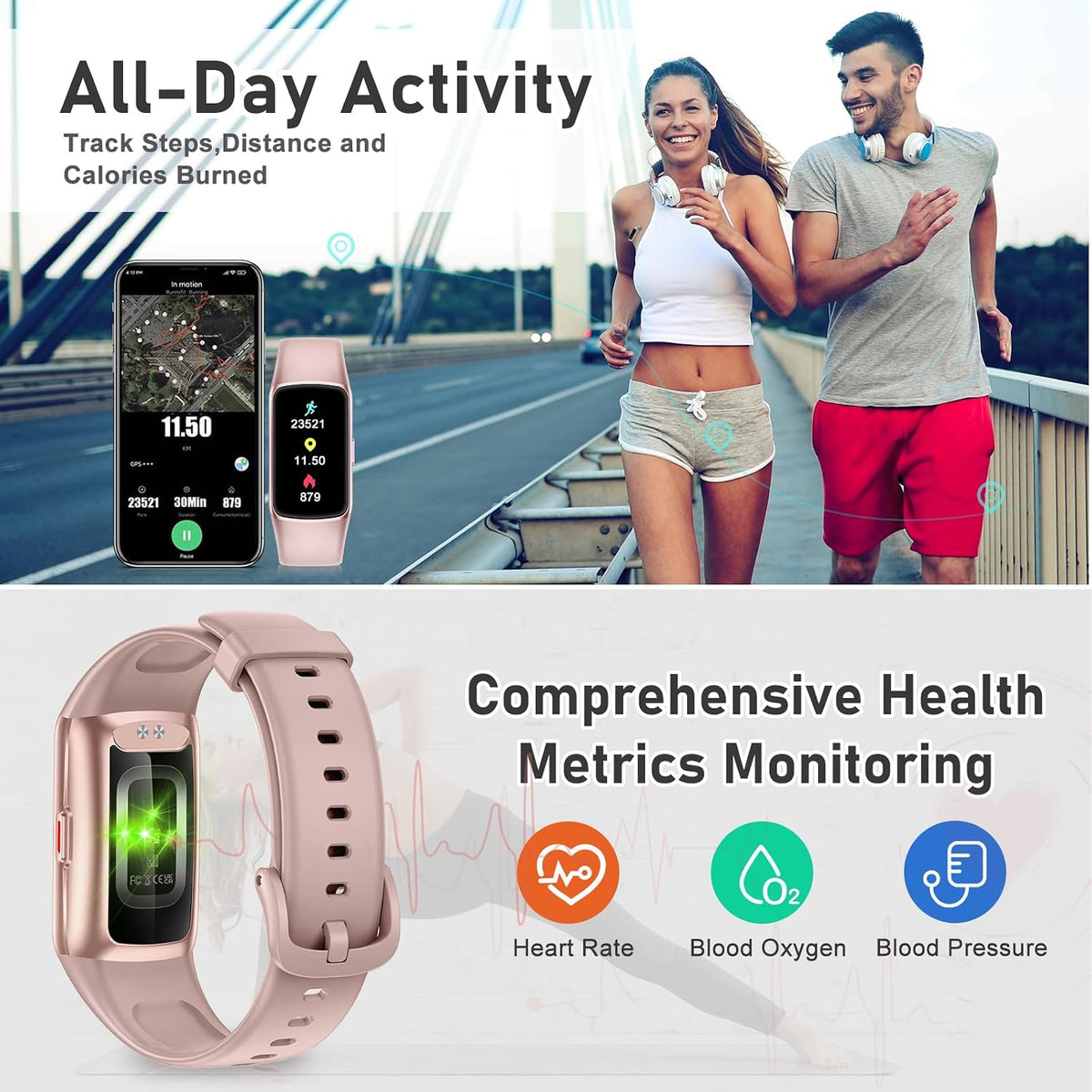 fitness tracker with 24/7 heart rate, blood oxygen showing dimensions