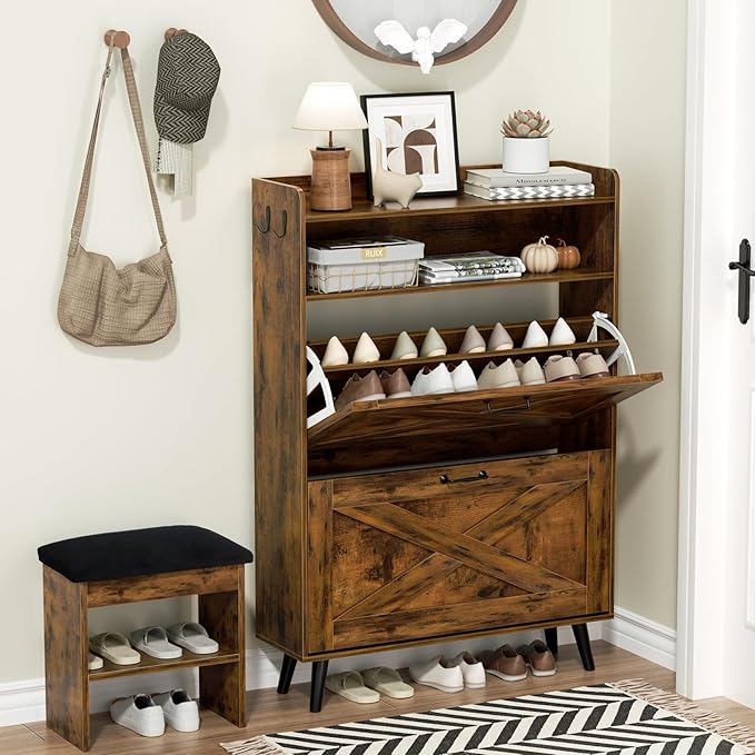 EOYUTLLY Shoe Cabinet with Bench, Entryway Shoe Organizer with 2 Flip Drawers &