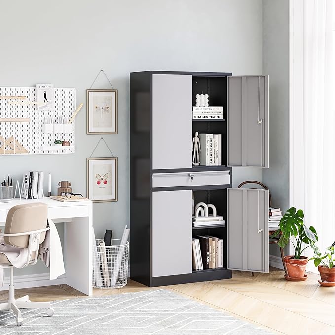 MIIIKO Storage Cabinet with 4 Doors, Metal Garage Cabinet with Drawer and