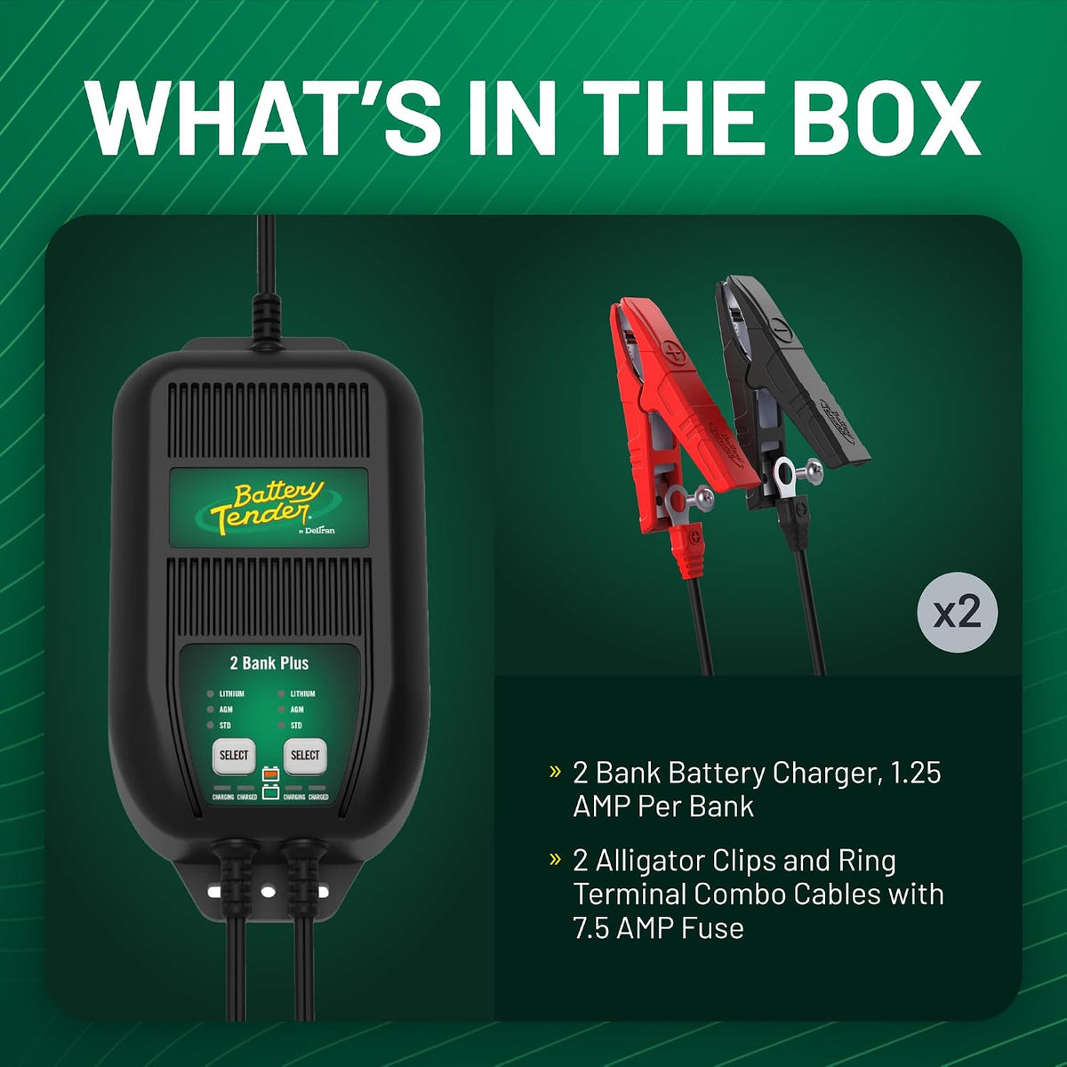 Battery Tender Plus 2 Bank Multibank Charger - 2.5 AMP (1.25 AMPs Per Bank) - Smart 12V Multi Battery Charger and Maintainer for Standard, AGM, and Lithium LiFePO4-022-0165-DL-WH