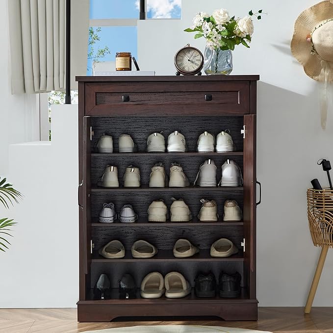 SOOWERY Shoe Cabinet with Drawer, Farmhouse Shoe Storage Cabinet with Doors
