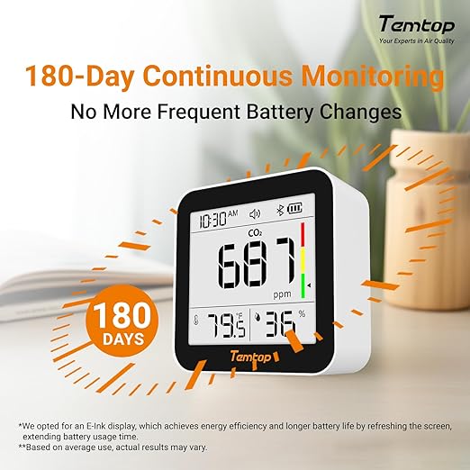 Temtop CO2 Monitor Indoor Air Quality Monitor 3 in 1 CO2 Meter, 180 Days