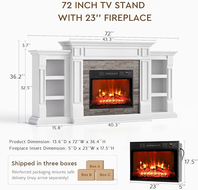 72" Electric Fireplace with Mantel, Fireplace TV Stand