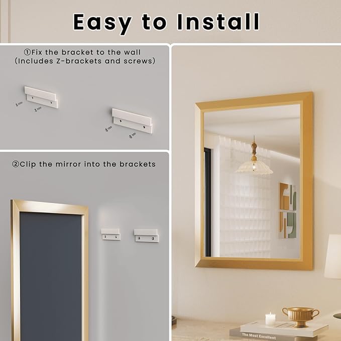 Amorho Bathroom Mirror, 40x32 Inch Gold Thick Metal Framed Wall Mirrors