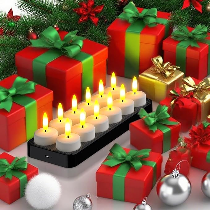 HL Rechargeable LED Tea Lights with USB Charging Base & Remote Timer - Battery Operated Flameless Flickering Votive Candles for Weddings, Emergency, Halloween, and Christmas Decorative 12pcs
