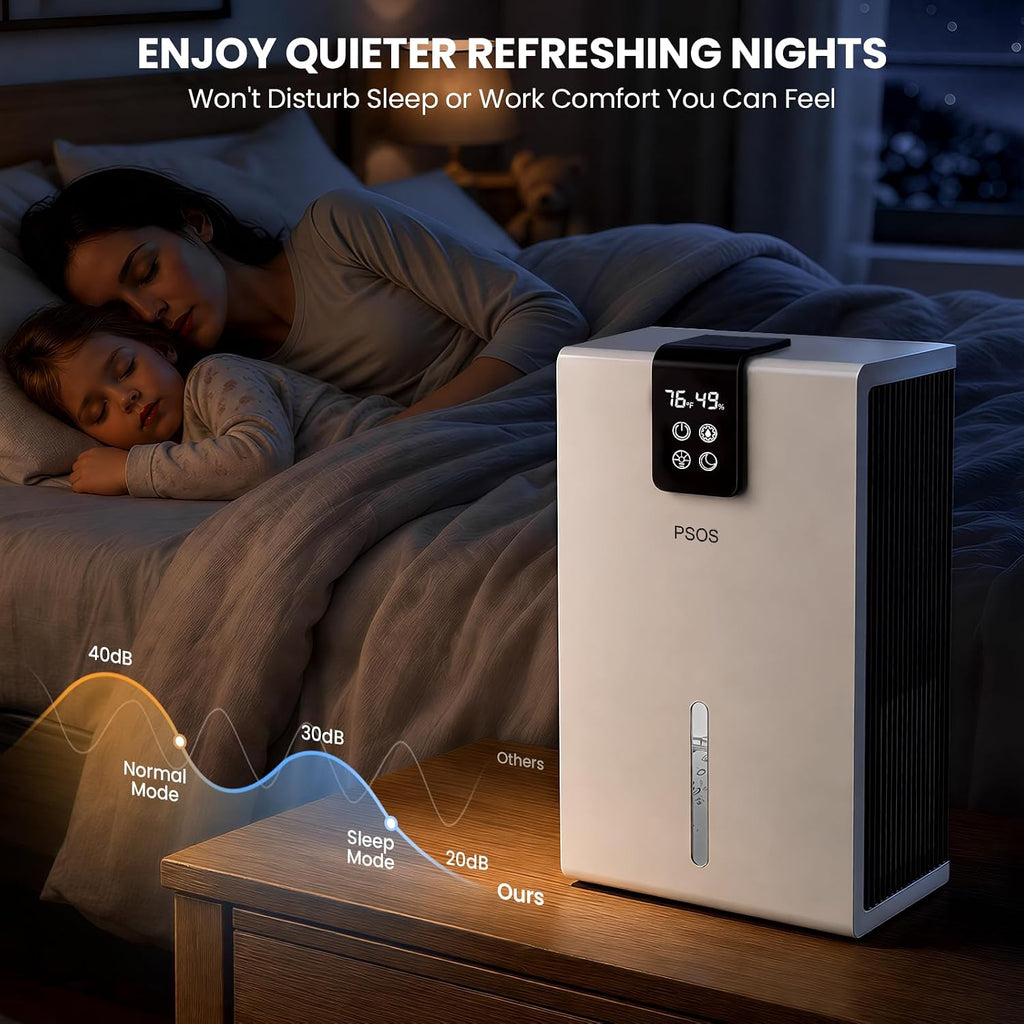 PSOS Dehumidifier, Dehumidifiers for Home, 98 OZ Water Tank, (1000 sq.ft) Quiet Dehumidifier for Basement Bathroom Bedroom with Humidity Display, Auto Shut Off, Relaxing 7 Color Ambient Light(White)