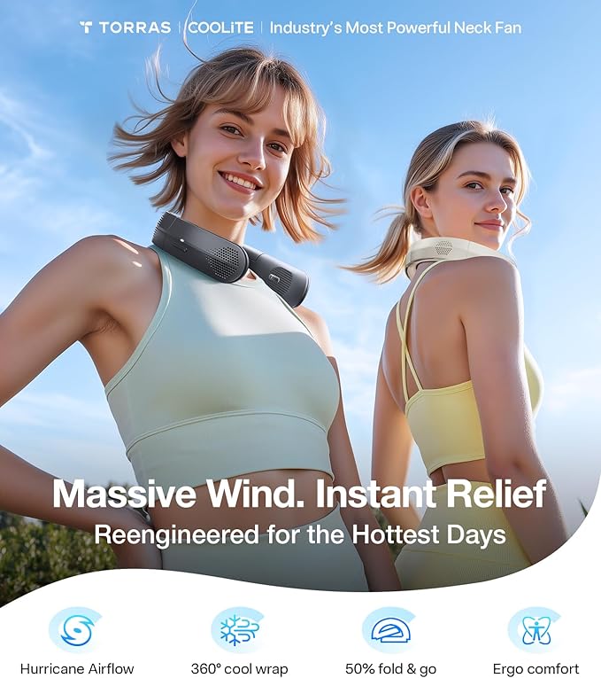 TORRAS COOLiTE Neck Fan, Industry’s Strongest Wind Power, Portable Neck Fan