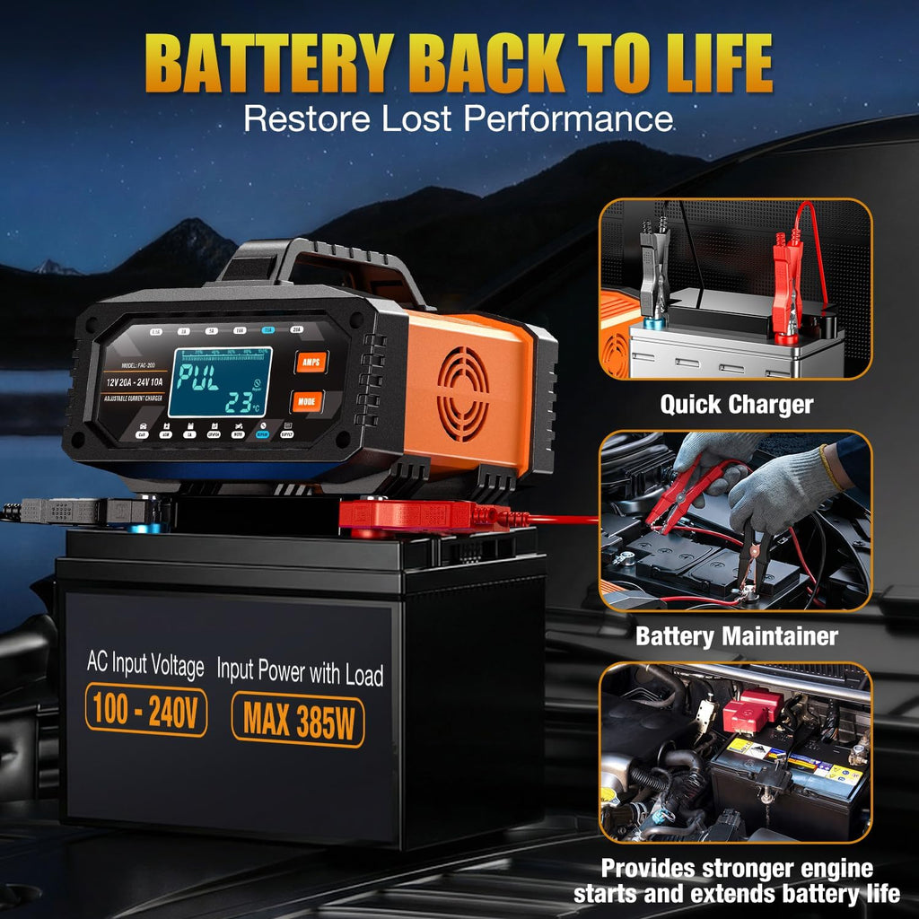 upgraded battery charger 0-20a 12v/24v adjustable current battery on a desk or shelf