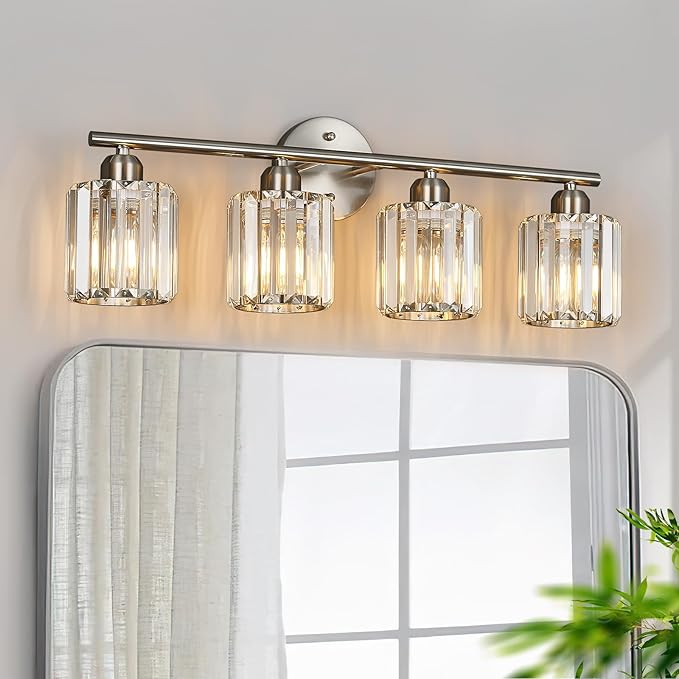 FDPBY Modern 4 Light Crystal Vanity Light, Brushed Nickel Vertical Bathroom