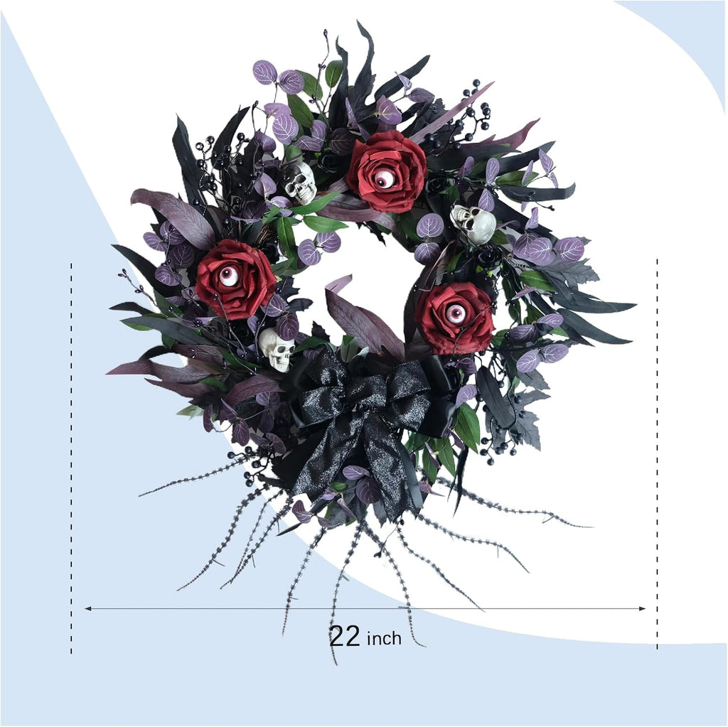 22 Inch Halloween Wreath with Black Roses Skeleton and Eye Balls for Front Door, Gothic Halloween Floral Wreath with Black Bow for Indoor Outdoor