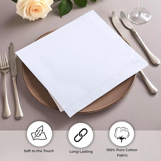 Urban Villa White Cloth Napkins Set of 12 100% Cotton Dinner Napkins Cloths Washable 20”x20” Absorbent Soft Durable Reusable-Ideal for Everyday Use Parties Wedding Thanks Giving Christmas Halloween