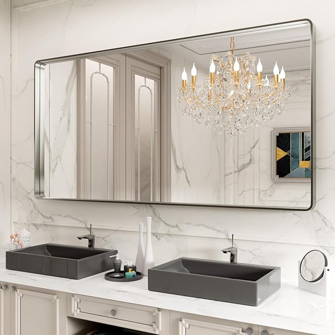 LOAAO 72X32 Inch Brushed Nickel Bathroom Mirror, Rounded Rectangle Silver Metal