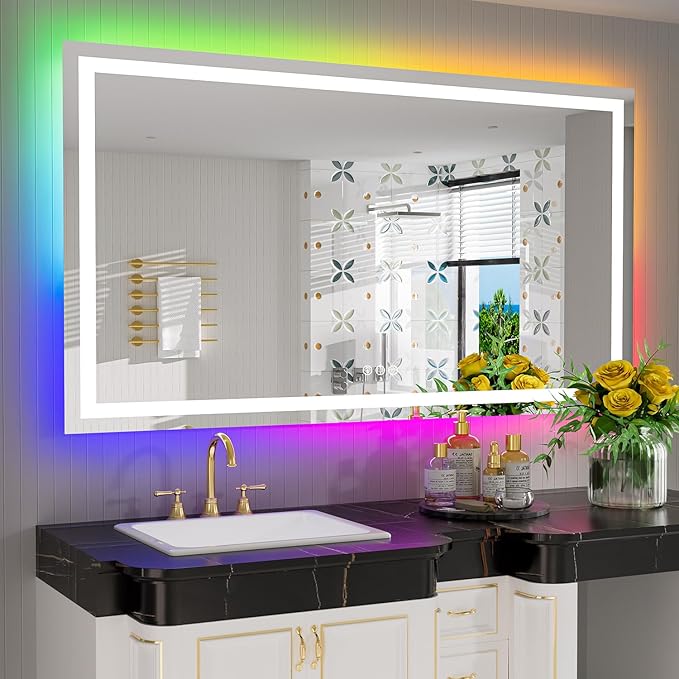 YEELAIT 57x36 Inch RGB LED Bathroom Mirror Front Light and RGB Backlit Lighted