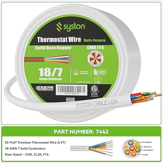 Syston 18/7 Thermostat Doorbell HVAC Heating Control Cable Wire, 100% Solid