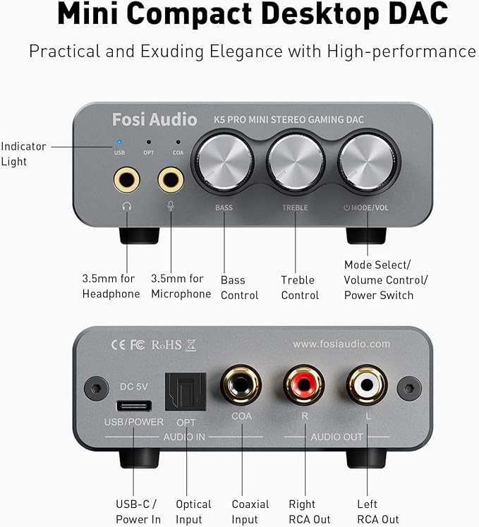 Fosi Audio K5 Pro Gaming DAC Headphone Amplifier Mini Hi-Fi Stereo