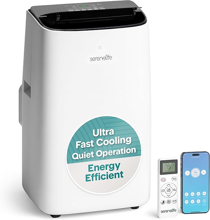 SereneLife 14000 BTU Ultra Quiet Portable Inverter Air Conditioner, Smart