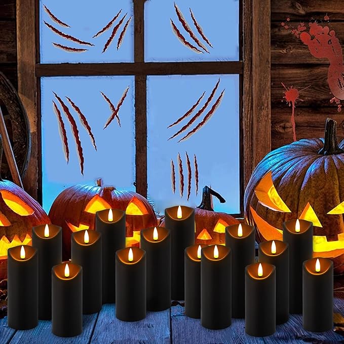24-Pack Black Flameless LED Candles with Remote & Timer (3 Sizes) - Battery Operated Halloween Pillar Candles for Spooky Decor, Haunted House, Gothic Wedding, Holiday Centerpieces