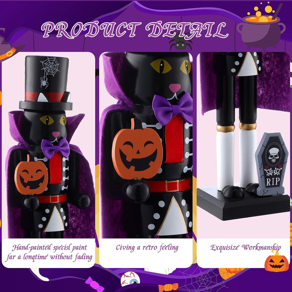 RattanView 2 Pcs Halloween Nutcracker 14 Inch Wooden Witch Black Cat Figure