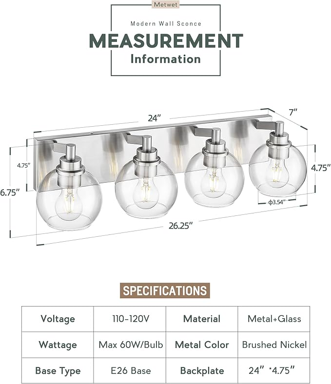 METWET Bathroom Light Fixtures, 4 Light Brushed Nickel Vanity Light, 26 Inch