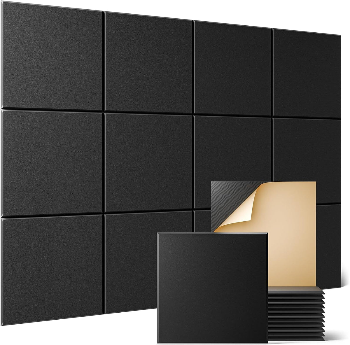 Sonicism 12 Pack Acoustic Wall Panels with Self-Adhesive, 12" X 12" X 0.4" Sound Proof Foam Panels, Decorative Soundproof Wall Panels, Sound Proof Absorbing Tiles for Home & Offices, Black