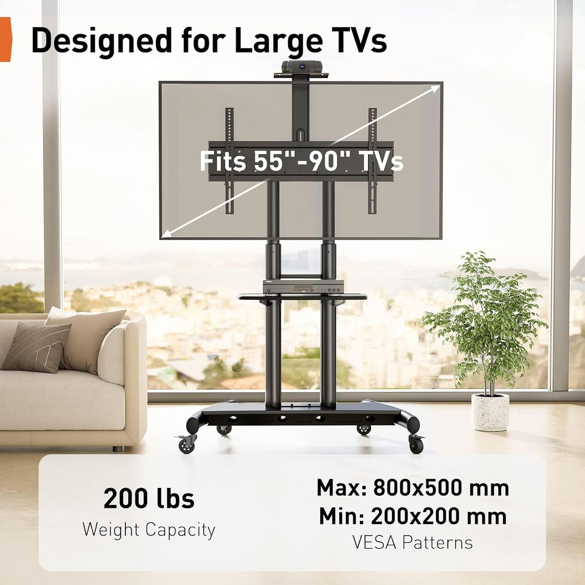 perlegear rolling tv stand, portable tv stand on shown in use