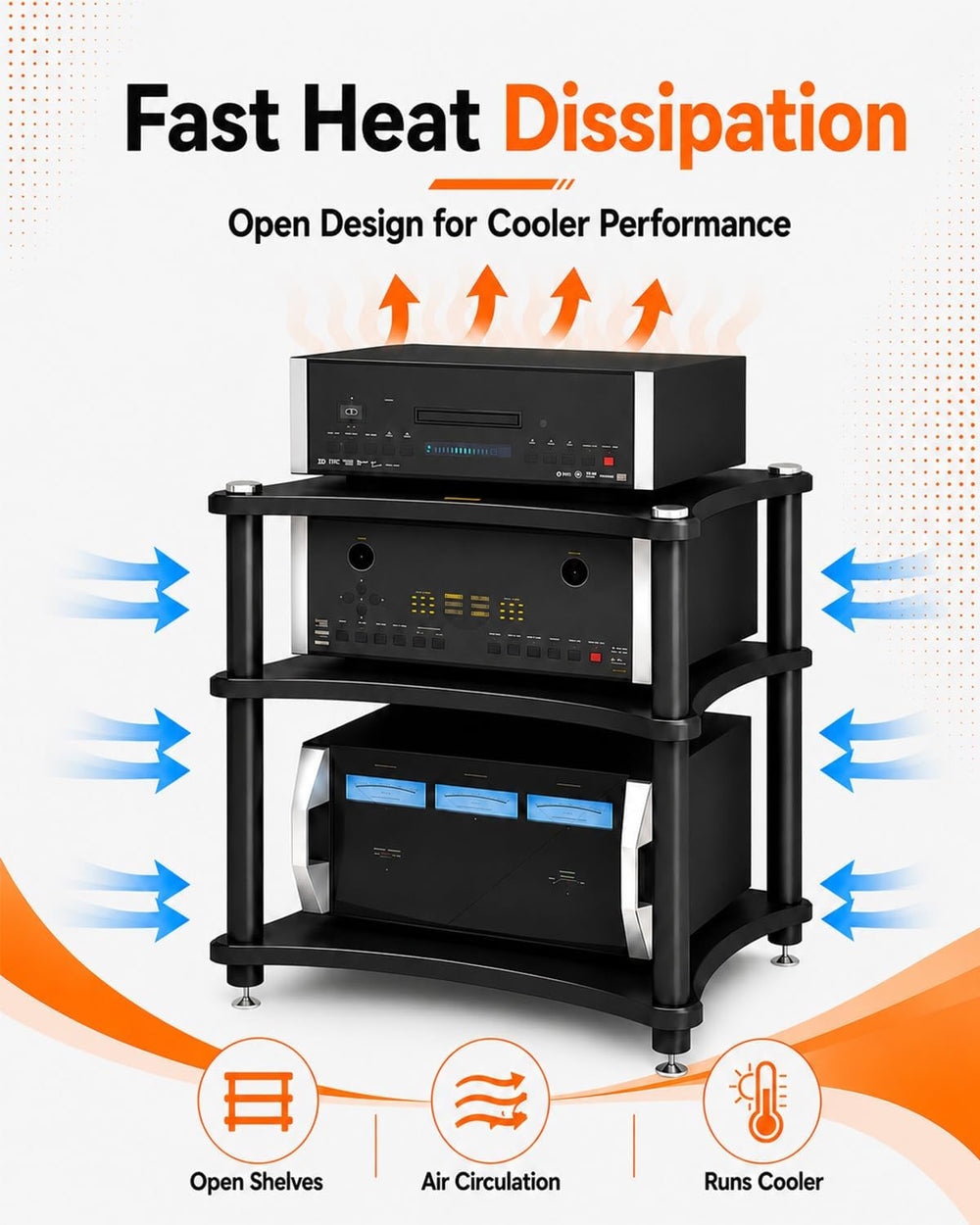 Heavy Duty 3-Tier AV Media Stand, 264 lb Load Capacity, Black