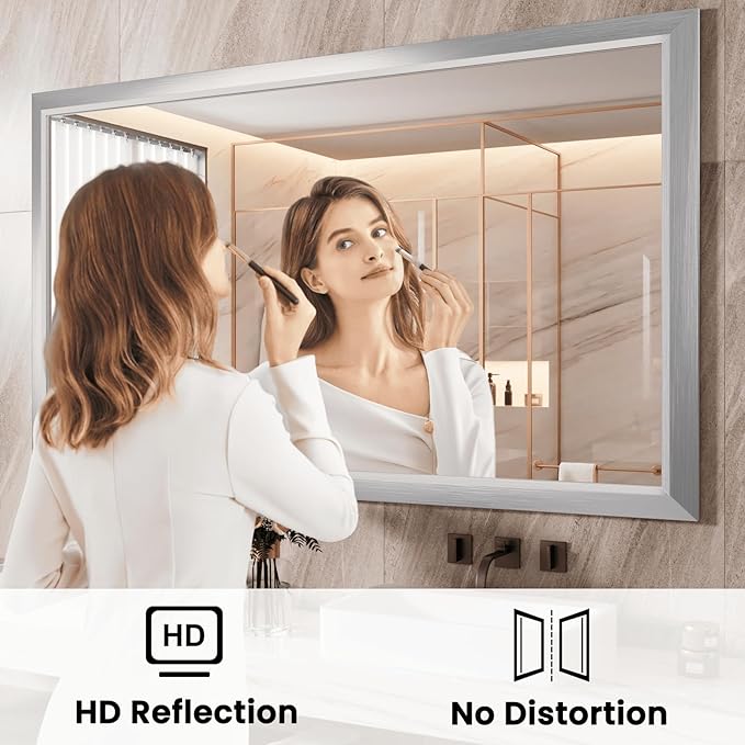 Amorho Bathroom Mirror, 55x40 Inch Silver Thick Metal Framed Wall Mirrors