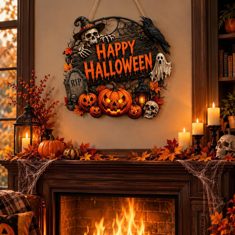 Spiritlele Big Happy Halloween Door Sign Wooden Decoration for Front Door