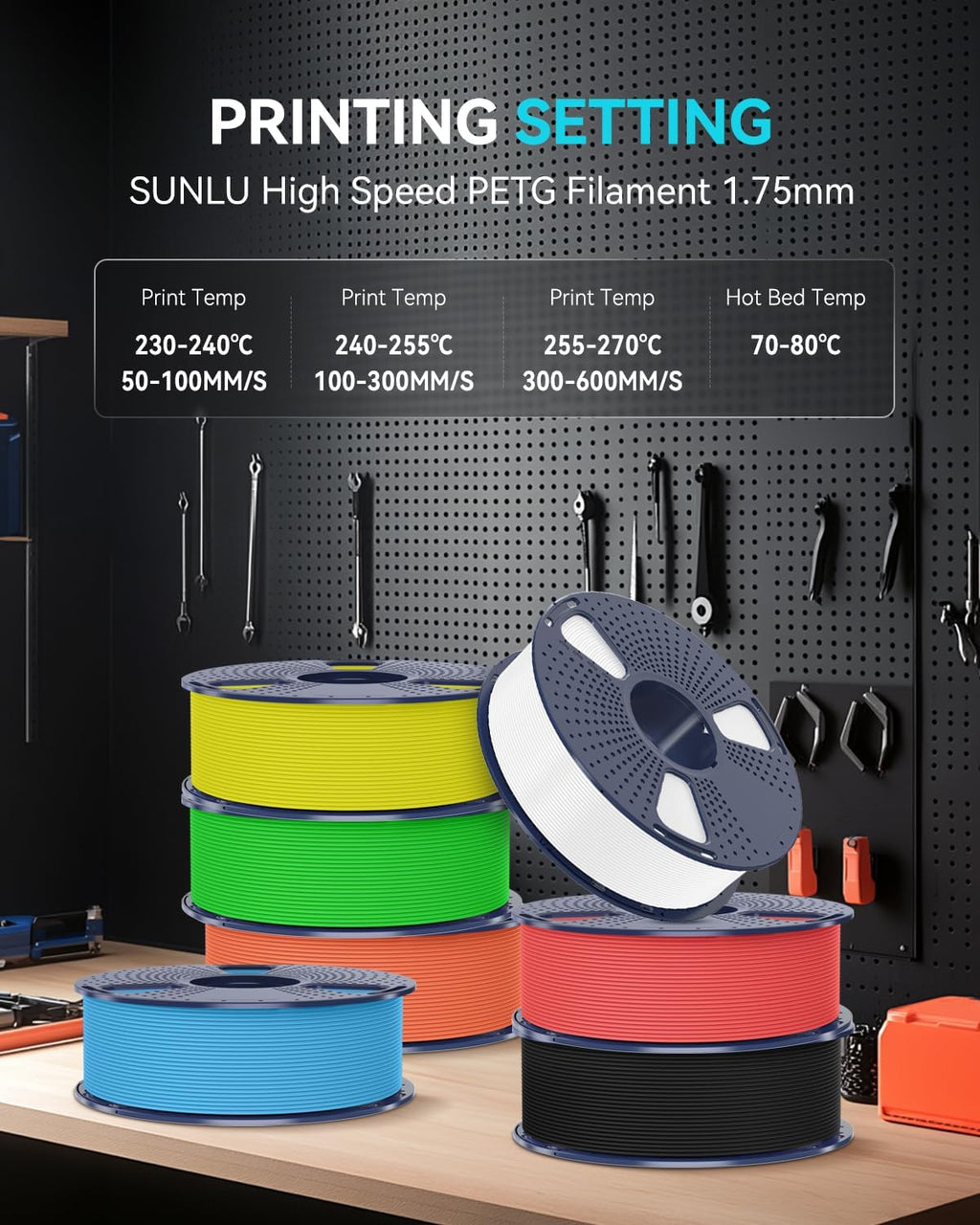 SUNLU High Speed PETG Filament 1.75mm 4KG, Black+White+Blue+Red
