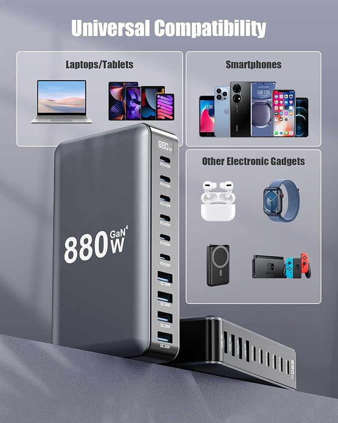880W USB C Charger Block, 10-Port USB C Charging Station GaN IV Travel