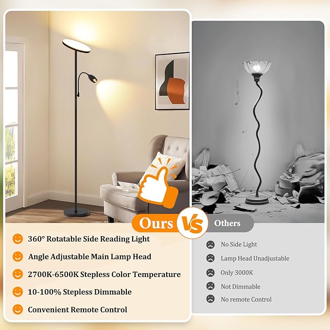 LED Torchiere Floor Lamp with Gooseneck Reading Light, Remote Control Standing