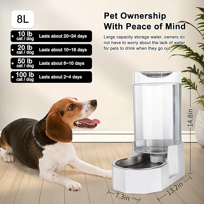 Sfozstra Automatic Pet Water Dispenser: 8L White Gravity Stainless Steel Water