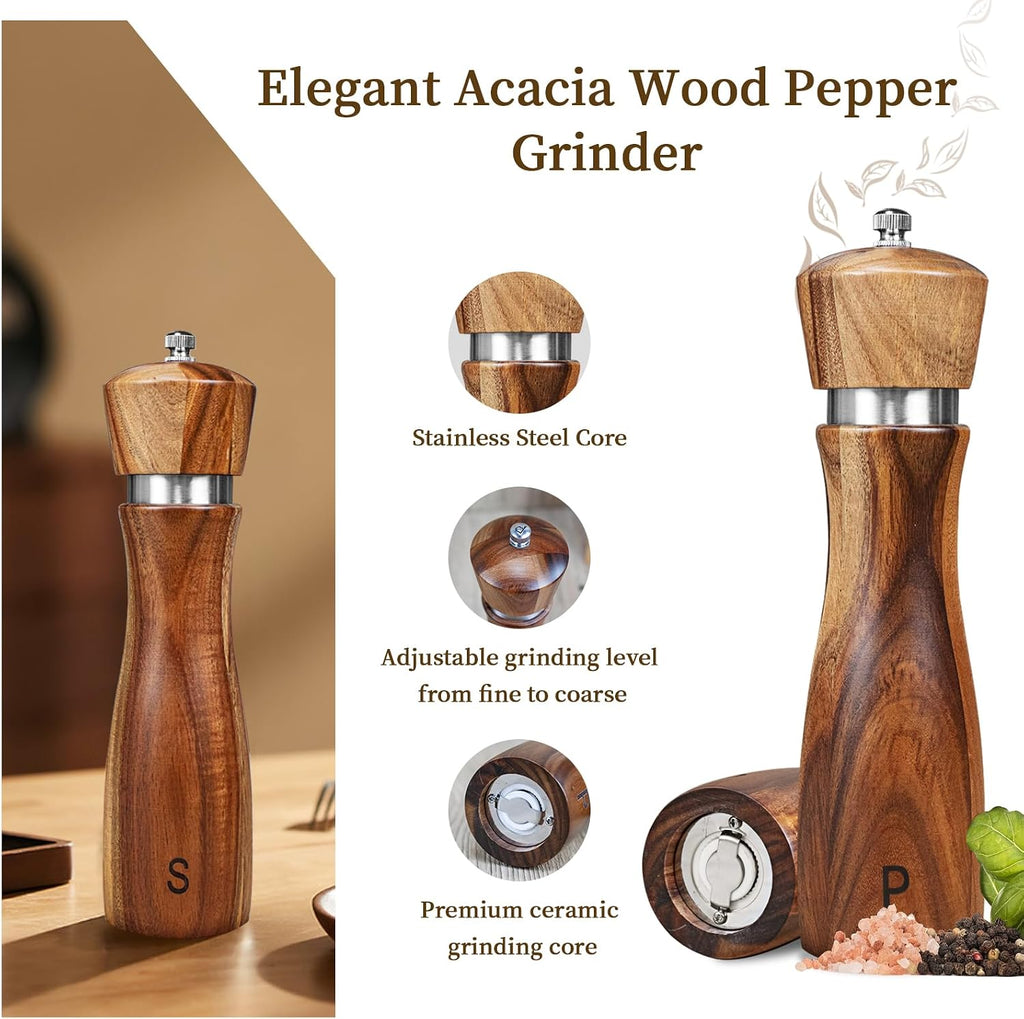 Haomacro 2 Pack Acacia Wood Salt and Pepper Grinder Set Kitchen Home 8 Inch