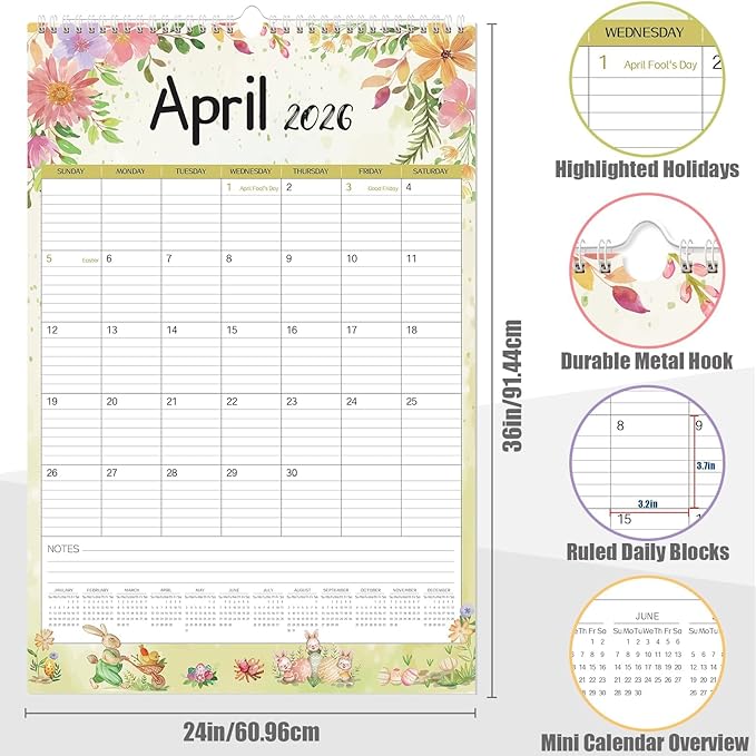 GuassLee Extra Large Wall Calendar 2026, 24-Month Aesthetic Large Calendar Jan.