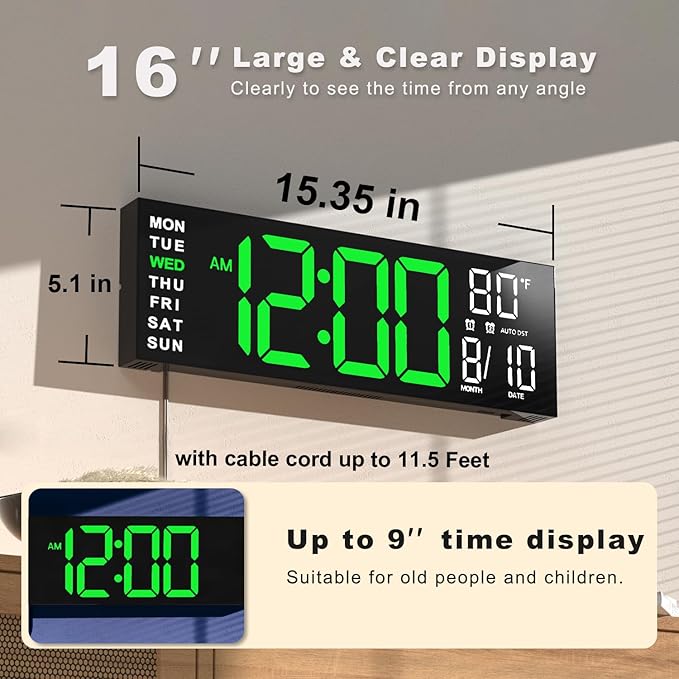 JALL 16" Large Digital Wall Mount Clock, Count Down Timer, Big LED, RGB Color