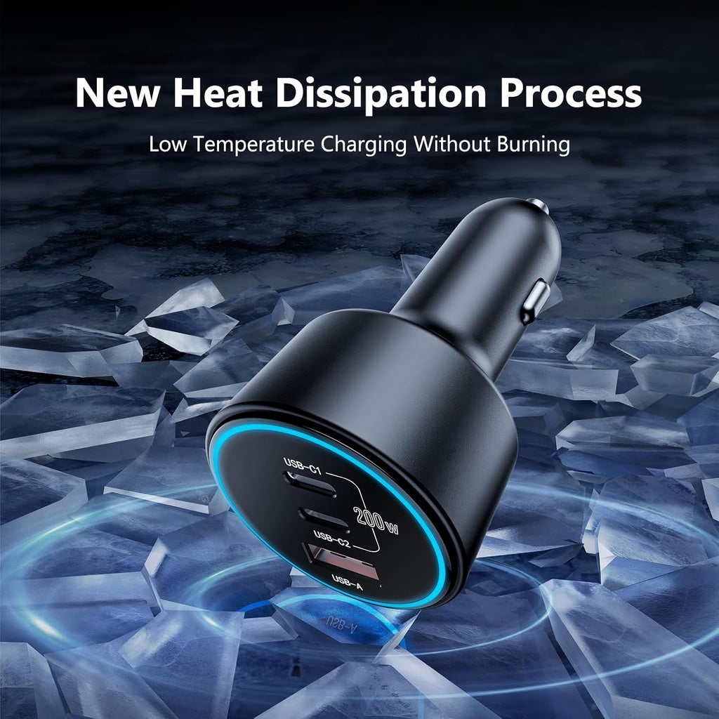 200w super fast car charger, adapter with 2×100w on a desk or shelf
