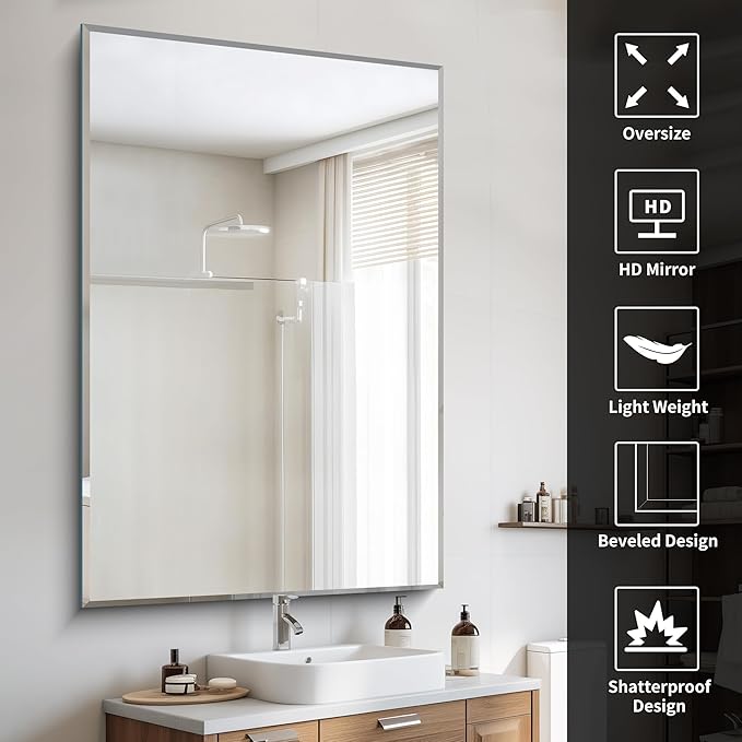 CILIBER 60x40 Large Beveled Mirror, Frameless Beveled Bathroom Mirrors