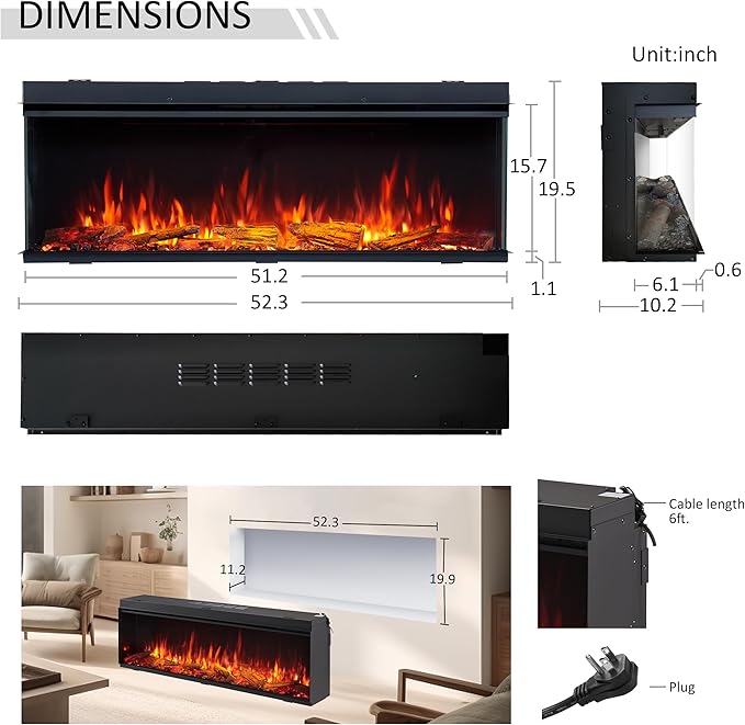 LegendFlame 51" W Smart Build in Electric Fireplace Insert, 1-2-3 Sided View