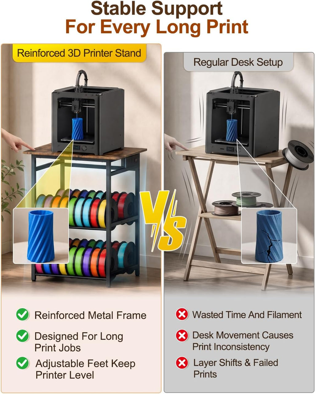 3D Printer Stand with Filament Storage - Heavy Duty Metal 3D Printer Table with Power Hub Spools Holder Racks with Adjustable Feet for Studio Garage Office Workshop