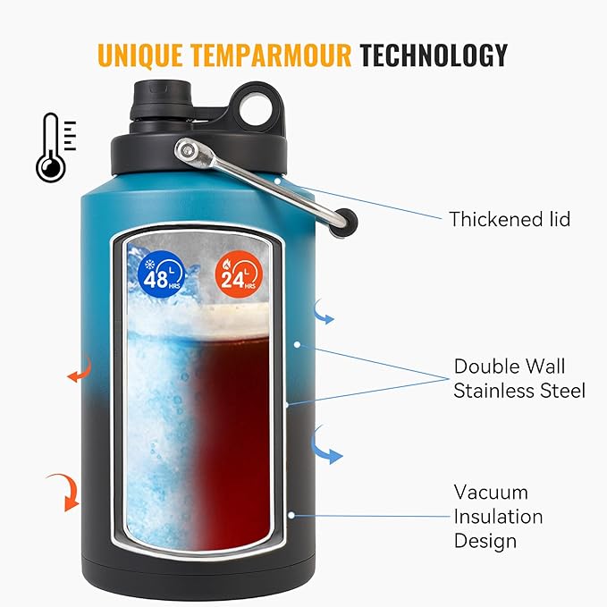 Insulated Gallon Jug with Handle, One Gallon, 128oz Stainless Steel, Large