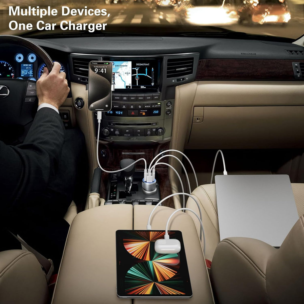 usb c car charger, 65w dual 12v usb on a desk or shelf