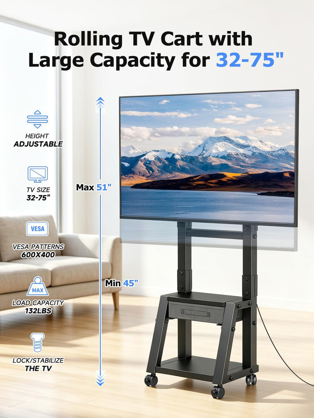 Suptek Mobile TV Cart with Storage Drawer for 32-75 inch Flat/Curved TVs