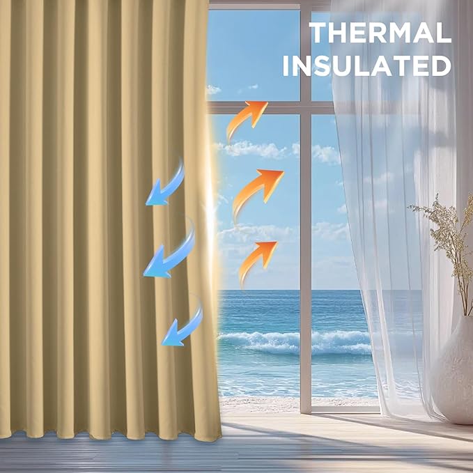 CUCRAF Beige Blackout Curtains 90 Inches Long, Thermal Insulated Noise Reducing