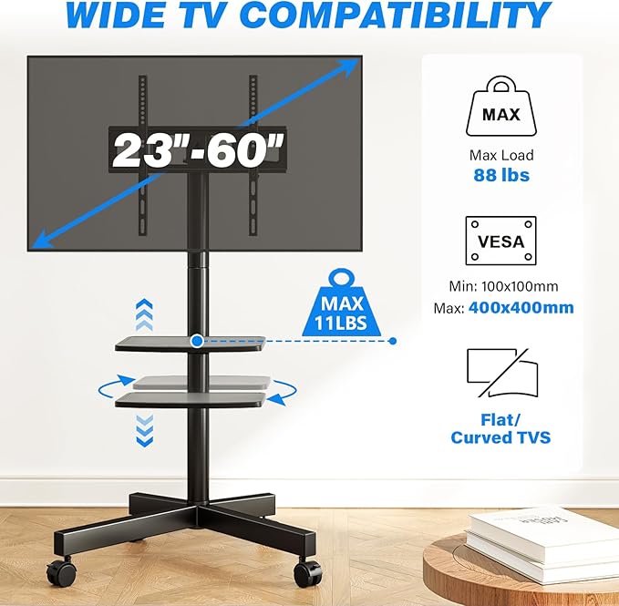 Rfiver Mobile TV Stand for 23-60 Inch LCD LED Flat/Curved Panel Screen TVs up