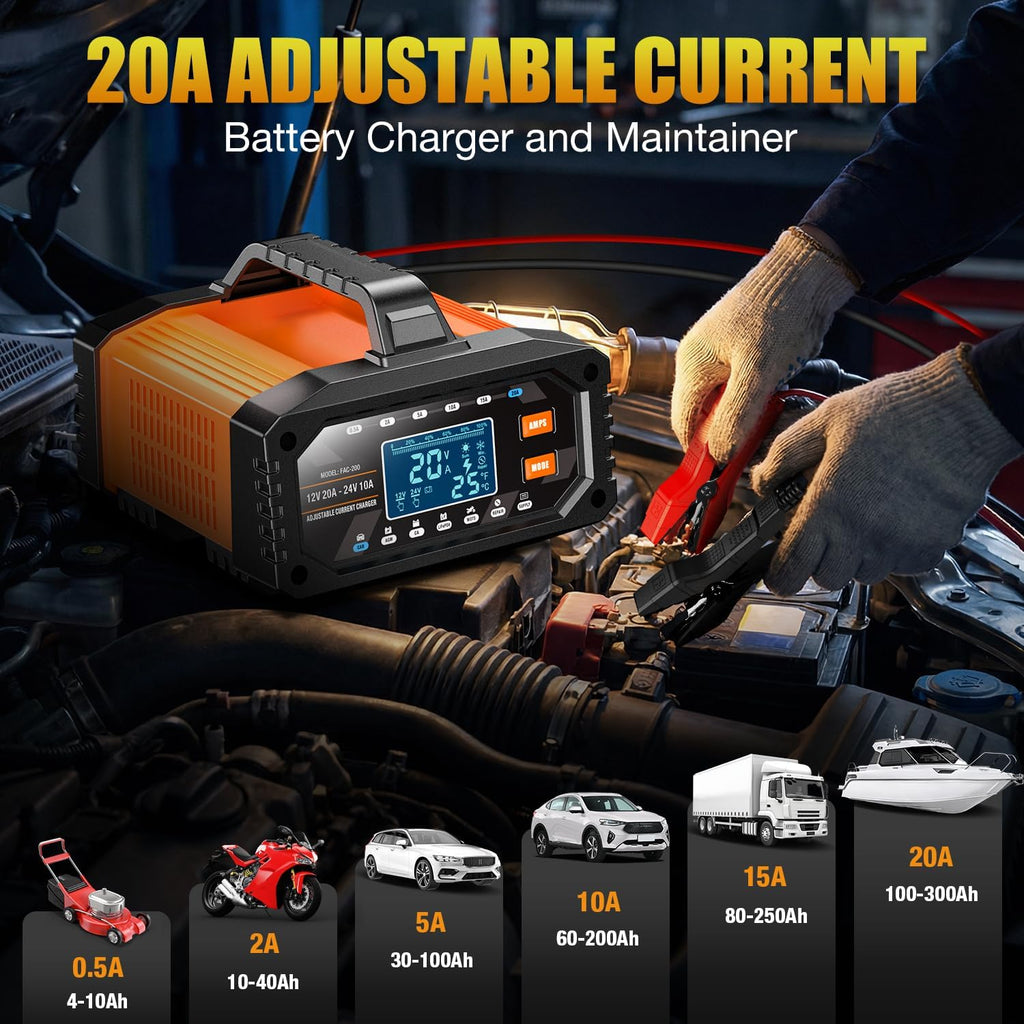 upgraded battery charger 0-20a 12v/24v adjustable current battery, front angle view