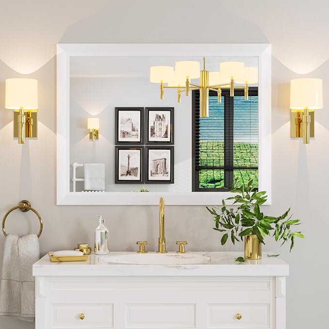 Amorho Bathroom Mirror, 40x30 Inch White Thick Metal Framed Wall Mirrors