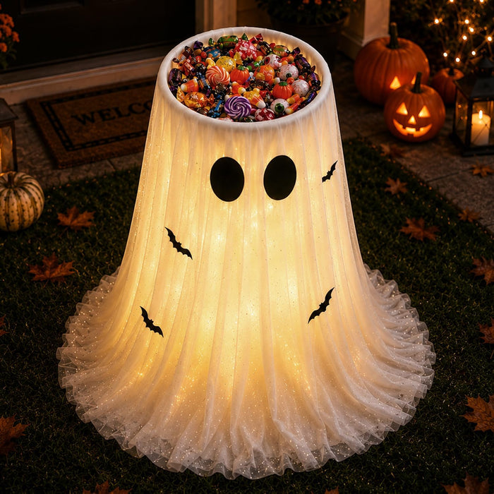 45" Lighted Halloween Candy Bowl Ghost, 2-in-1 Decor with Remote & Timer