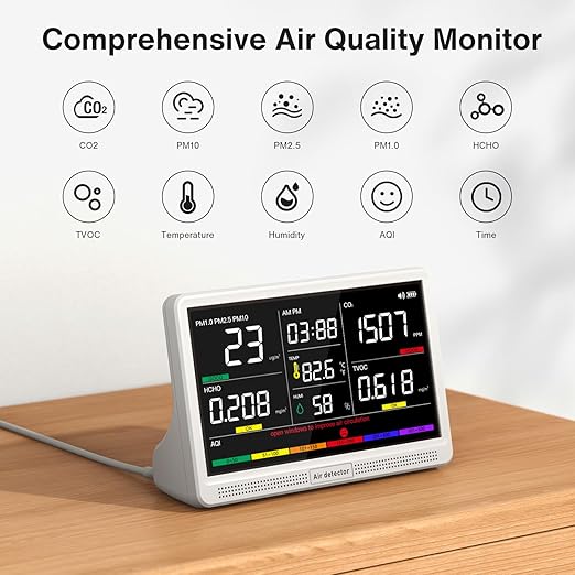 Upgrade Extended 12-Hour Battery Life 16 in 1 Air Quality Monitor Indoor