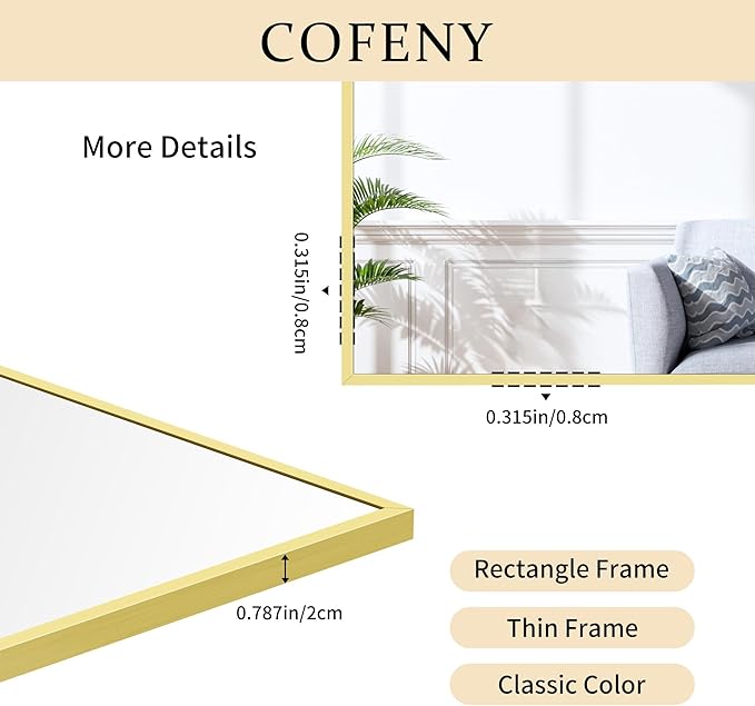 Gold Bathroom Mirror for Wall, 60x30 Inch Rectangle Mirrors