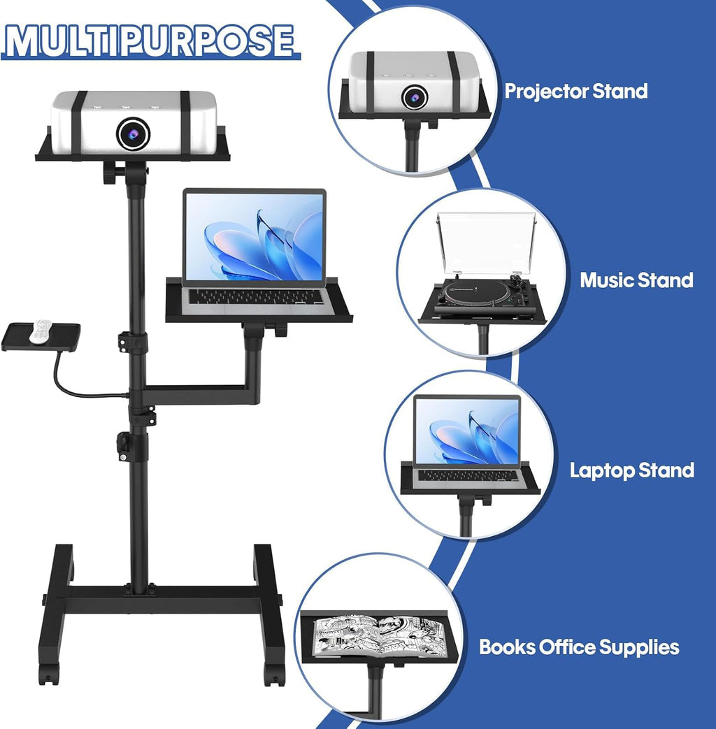 Projector Stand, 2 Shelves Mobile Laptop Cart with Adjustable 47" Height